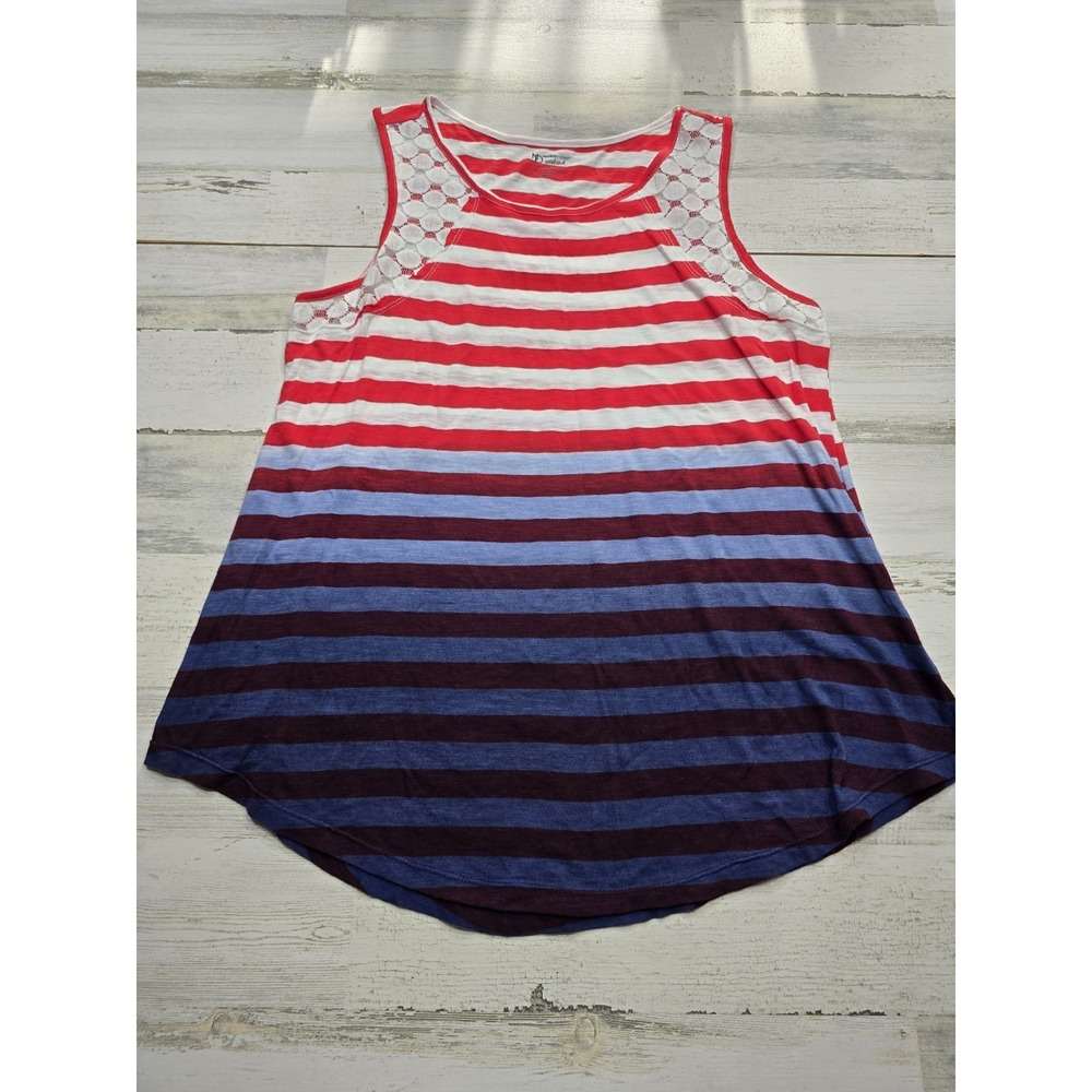 New Directions Weekend Womens Medium Striped Tank Top Red White Blue Lace Accent